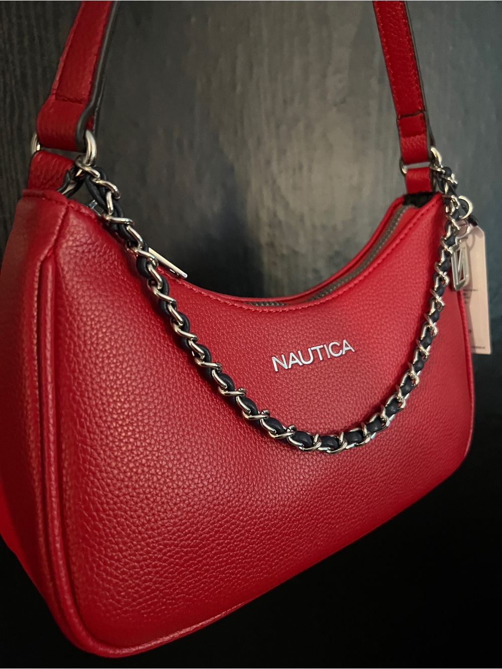 Nautica Red Pebbled Shoulder Bag with Chain Detail - Picture 4 of 6